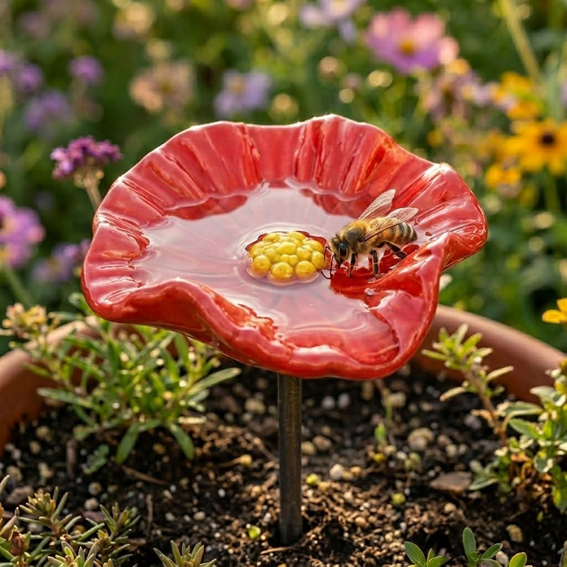 Close-up of a bee drinking from the shallow red flower bowl