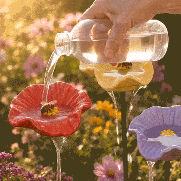 Bees landing on and drinking from the flower-shaped water bowls